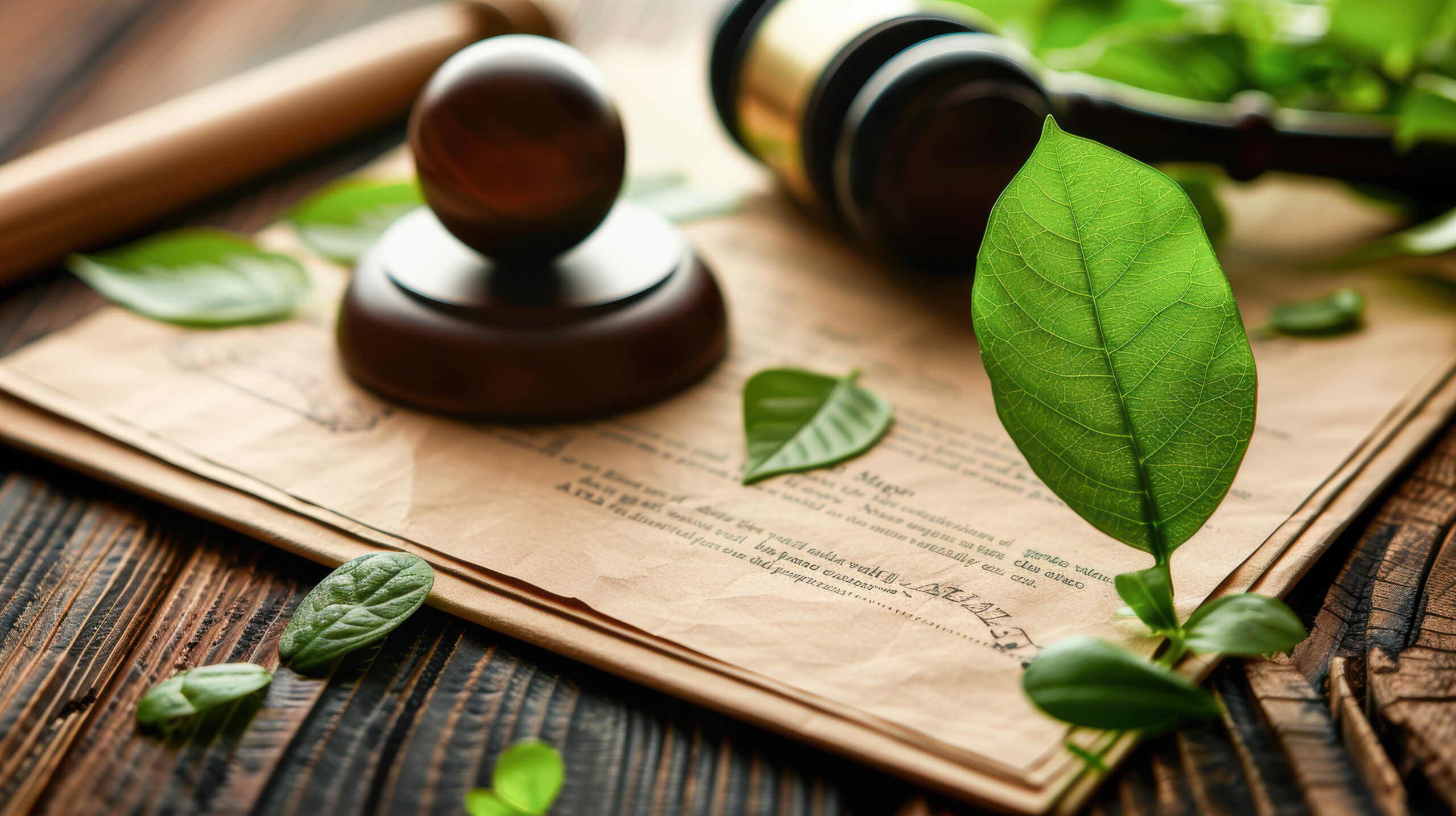 Legal documents with environmental compliance stamps, green governance, sustainable law